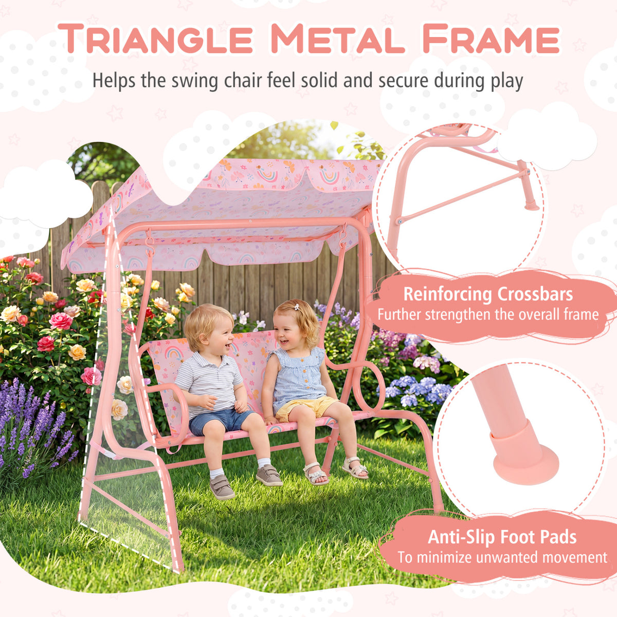 Kids Patio Swing 2-Seater Outdoor Porch Swing Lounge Chair with Adjustable Canopy-Pink