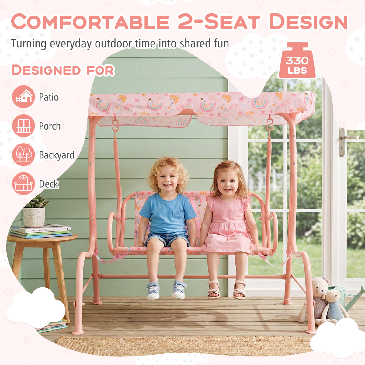 Kids Patio Swing 2-Seater Outdoor Porch Swing Lounge Chair with Adjustable Canopy-Pink