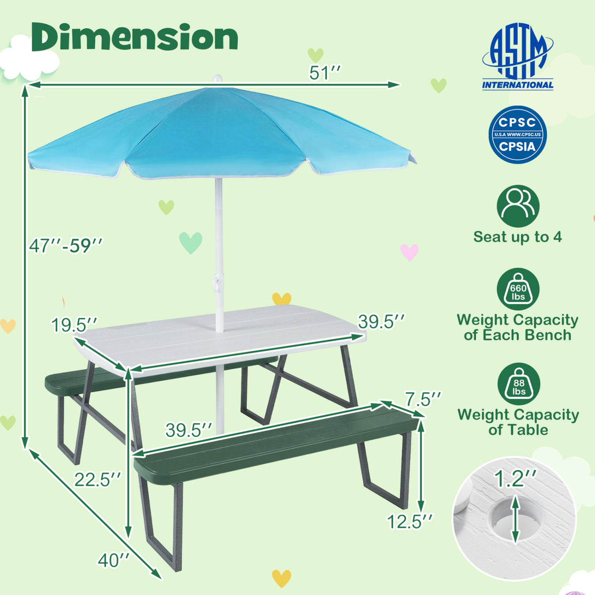 Kids Picnic Table with Benches Seats up to 4-Green