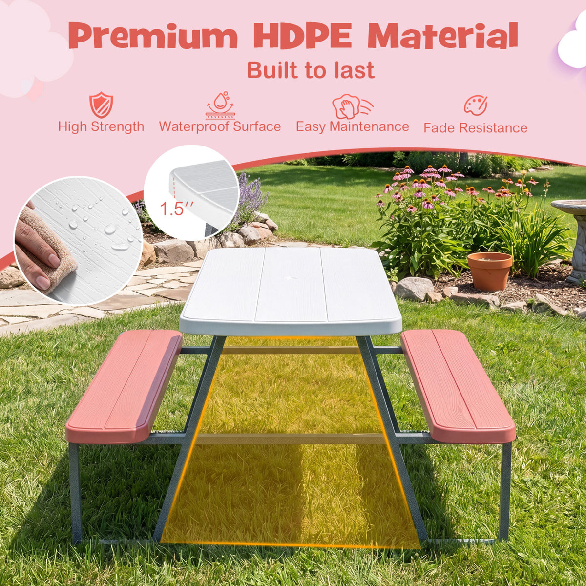 Kids Picnic Table with Benches Seats up to 4-Pink