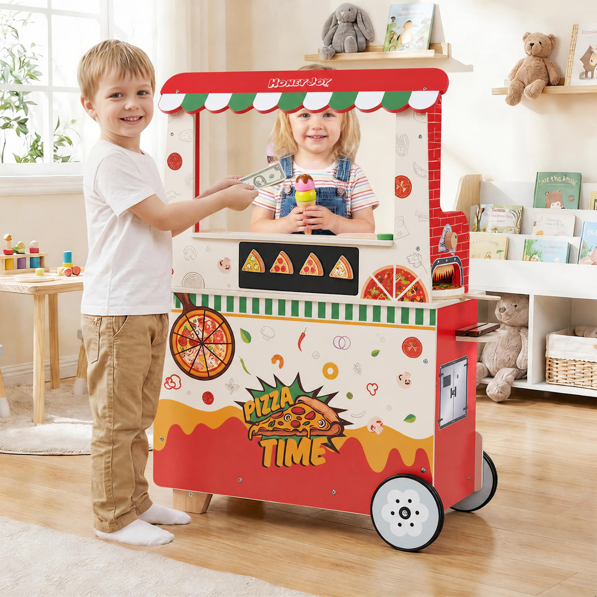 Kids Pizza Food Truck Wooden Pretend Play Snack Cart with Oven-Red