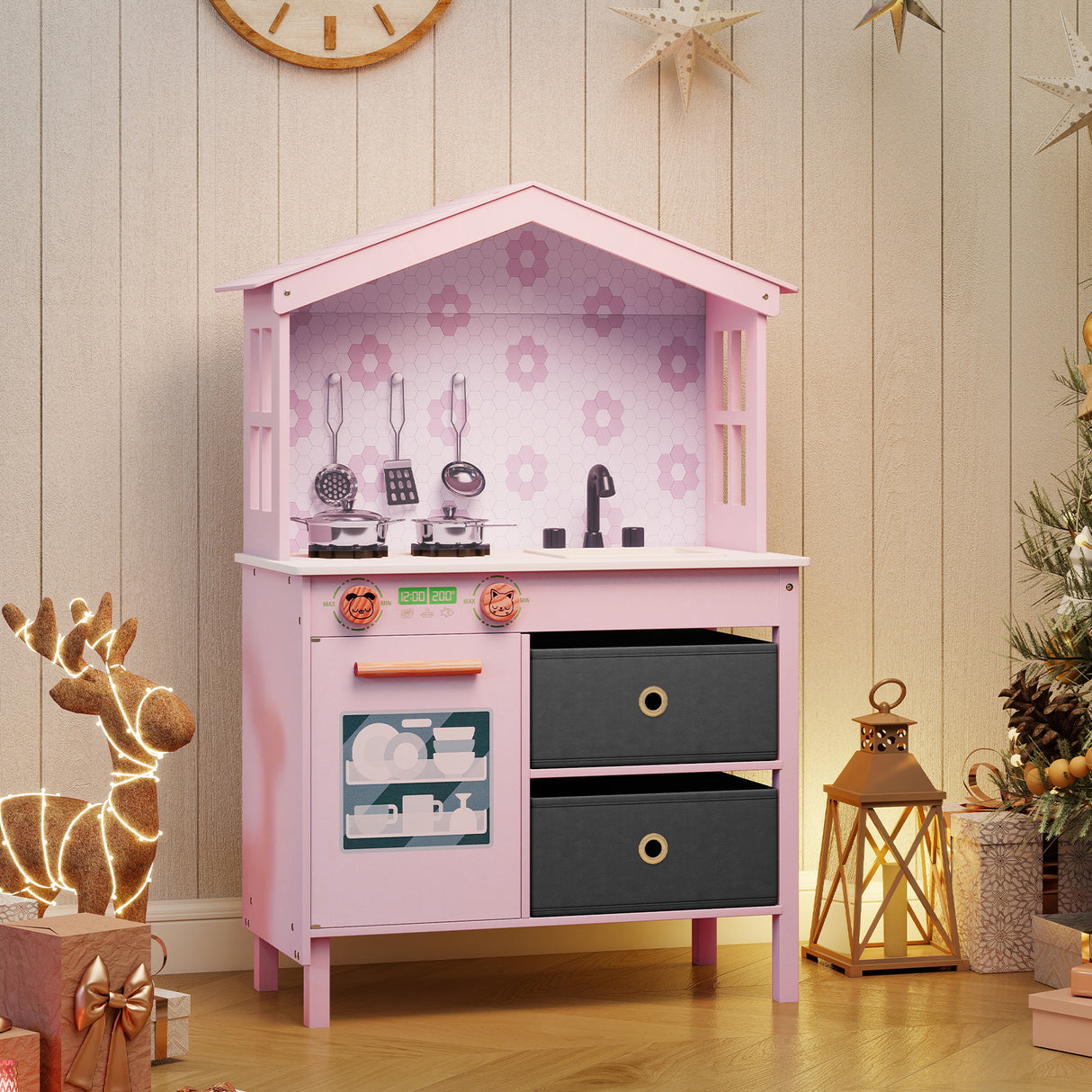 Kids Play Kitchen Children Toy Kitchen Playset with 2 Stoves and Rotation Knobs-Pink