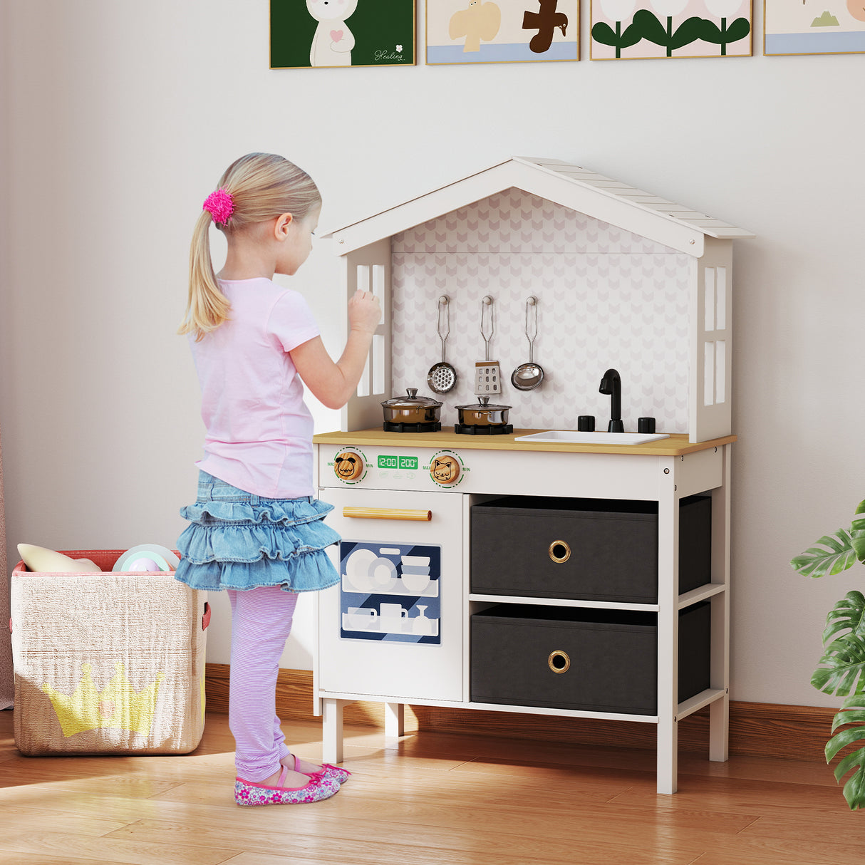 Kids Play Kitchen Children Toy Kitchen Playset with 2 Stoves and Rotation Knobs-White