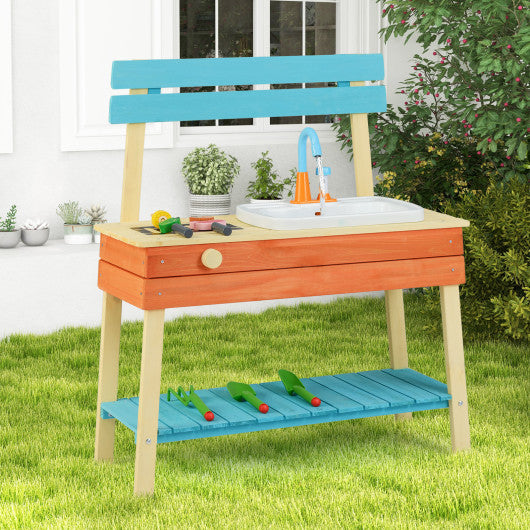 Kids Play Kitchen Set  Wooden Kitchen Playset Chef Pretend Mud Kitchen-Blue