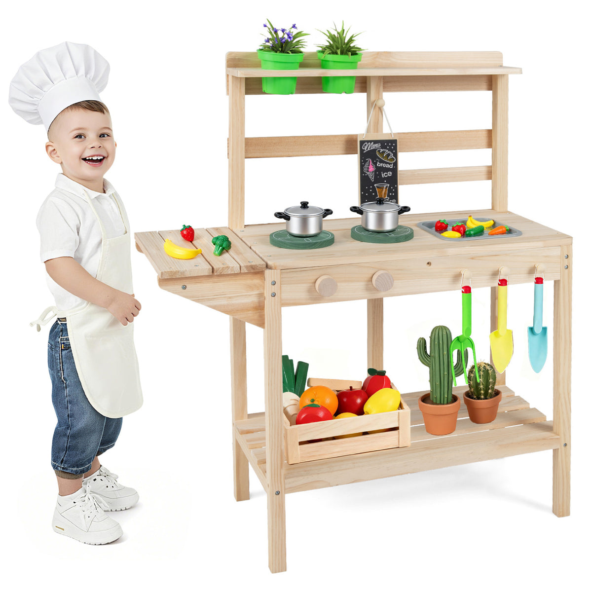Kids Play Kitchen Set Wooden Kitchen Playset with Stoves for Boys Girls 3+-Natural