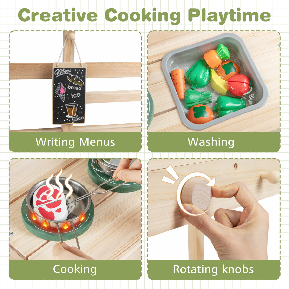 Kids Play Kitchen Set Wooden Kitchen Playset with Stoves for Boys Girls 3+-Natural