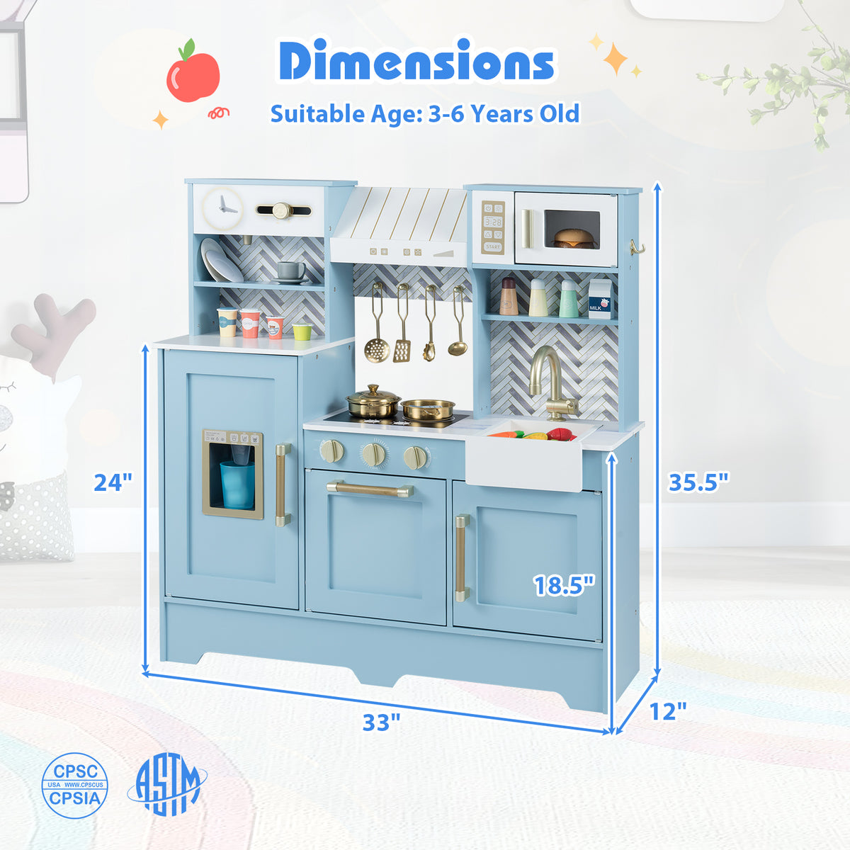 Kids Play Kitchen with Stoves and Faucet for Girls Boys Aged 3-6-Blue