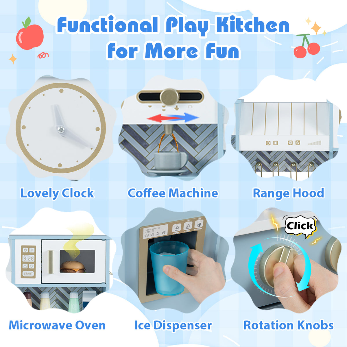 Kids Play Kitchen with Stoves and Faucet for Girls Boys Aged 3-6-Blue
