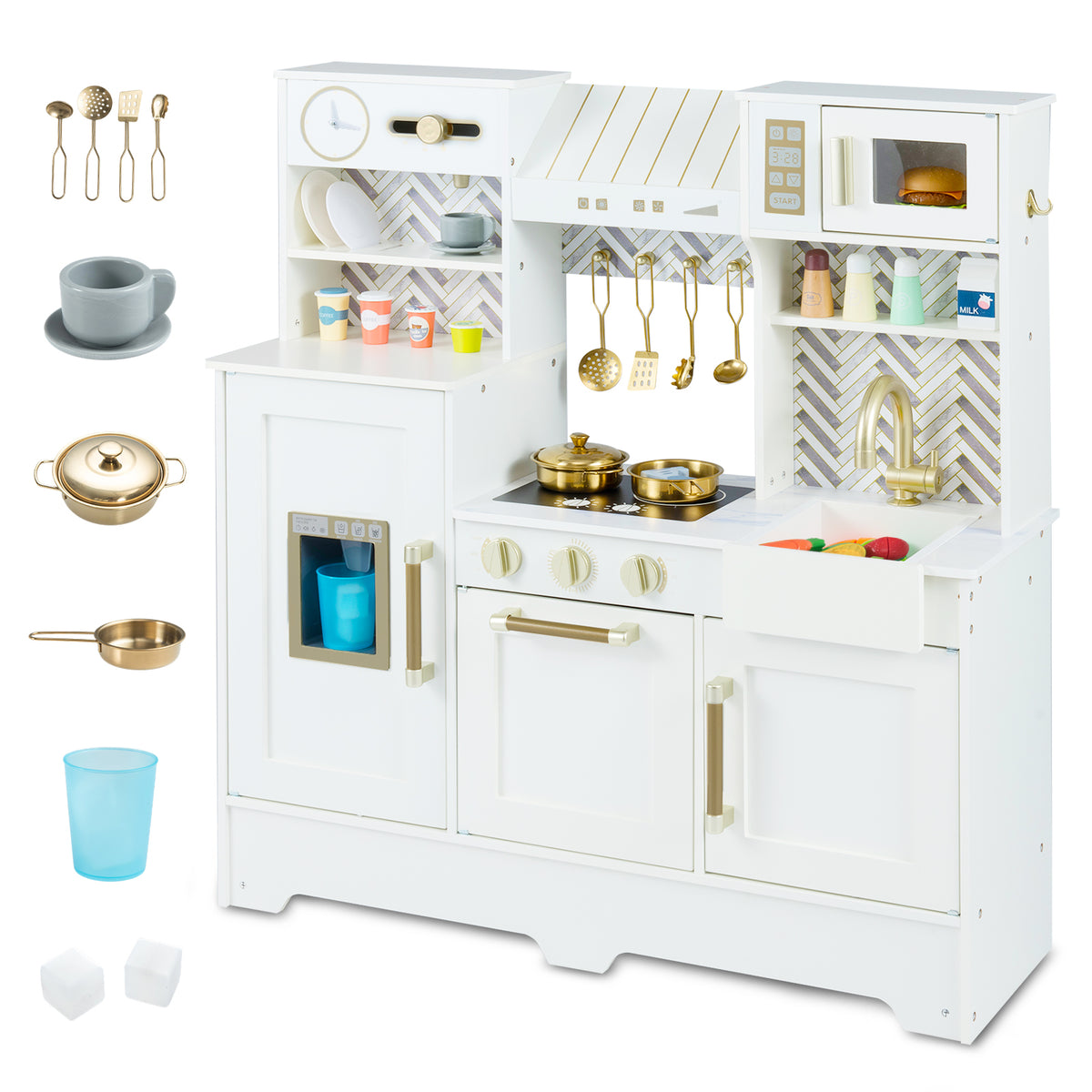 Kids Play Kitchen with Stoves and Faucet for Girls Boys Aged 3-6-White