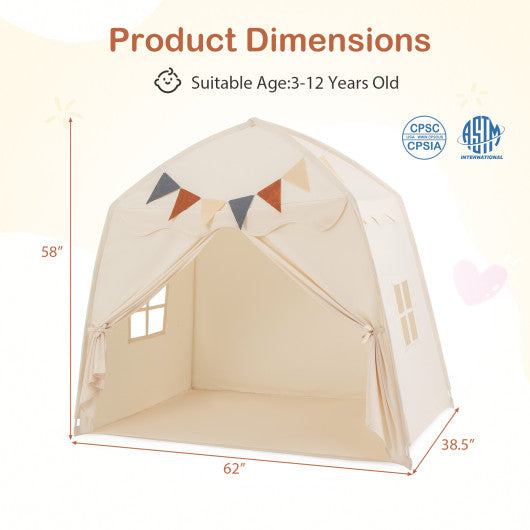 Kids Play Tent Bed Tent with String Lights Extra Large Playhouse Tent-Beige