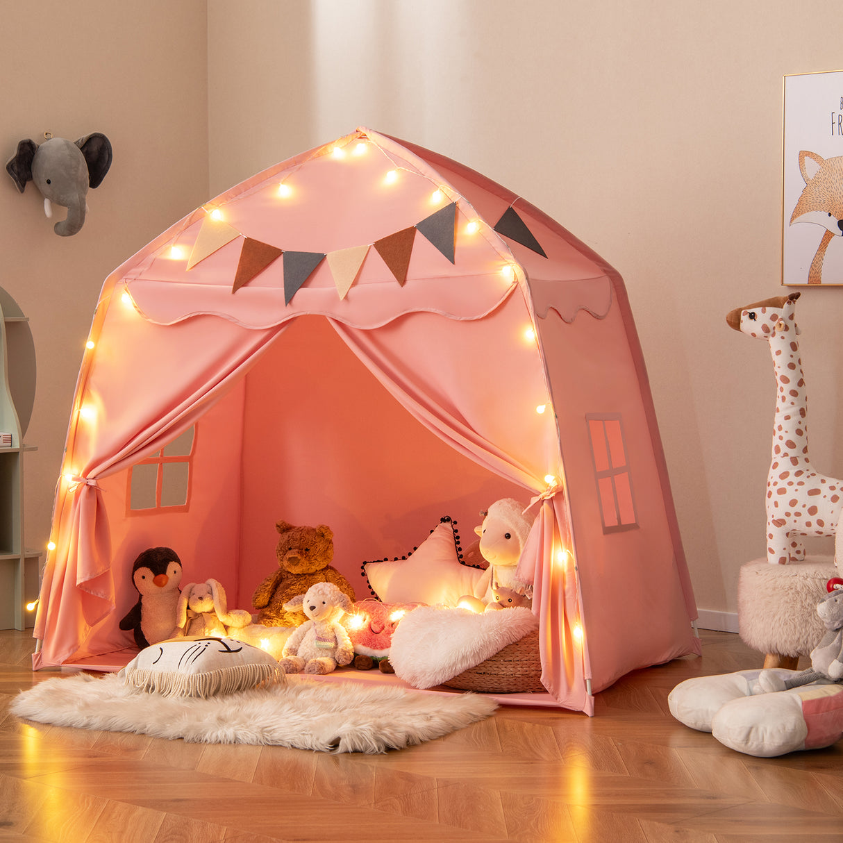 Kids Play Tent Bed Tent with String Lights Extra Large Playhouse Tent-Pink