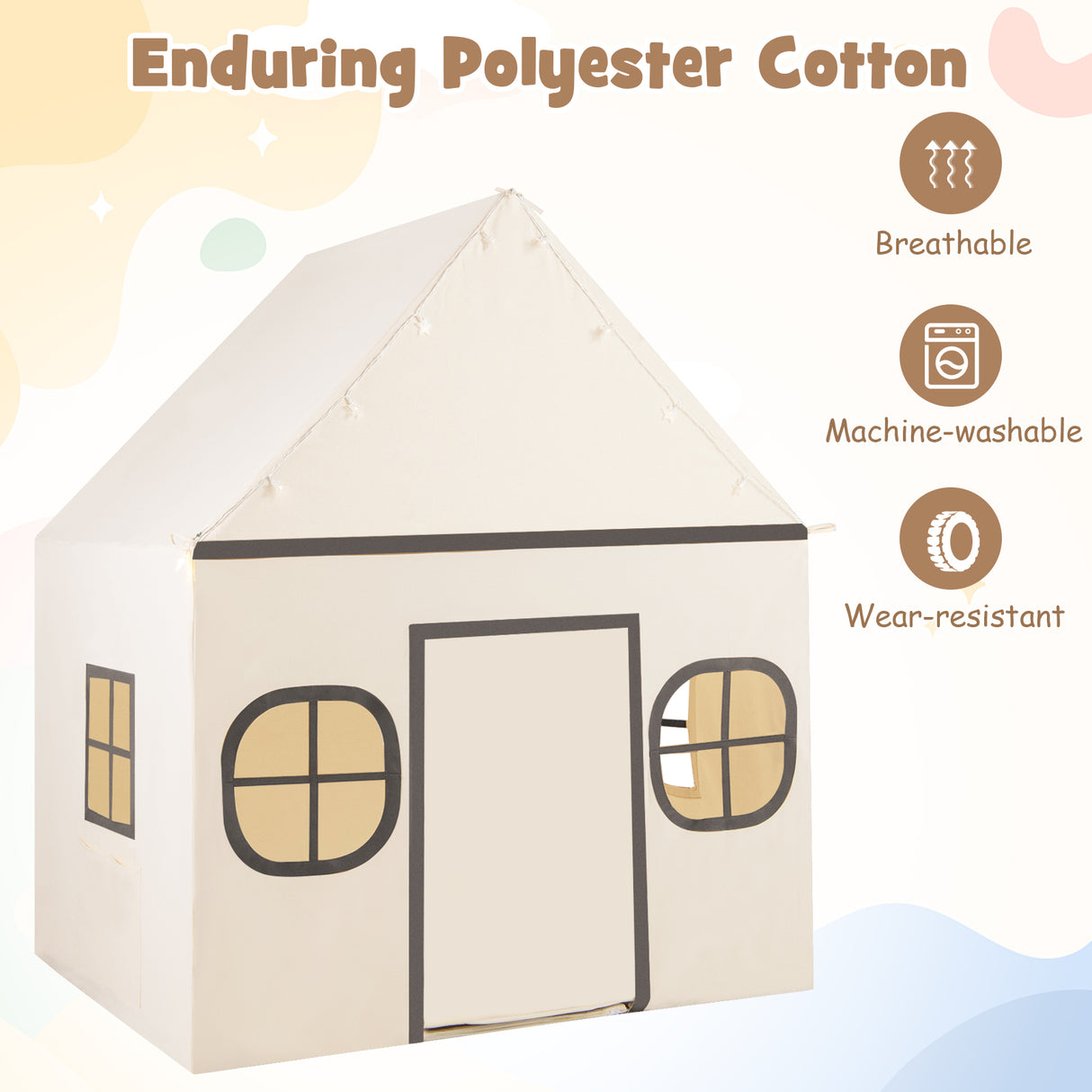 Kids Play Tent Large Playhouse with Door Curtain and Windows Star Lights-Beige