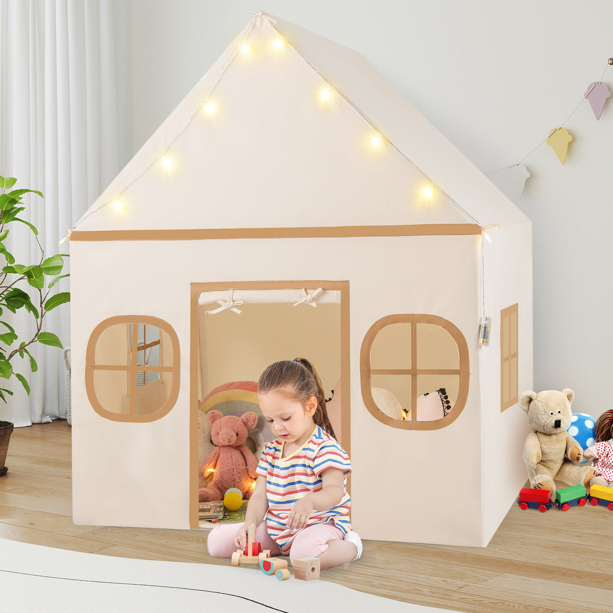 Kids Play Tent Large Playhouse with Door Curtain and Windows Star Lights-Coffee