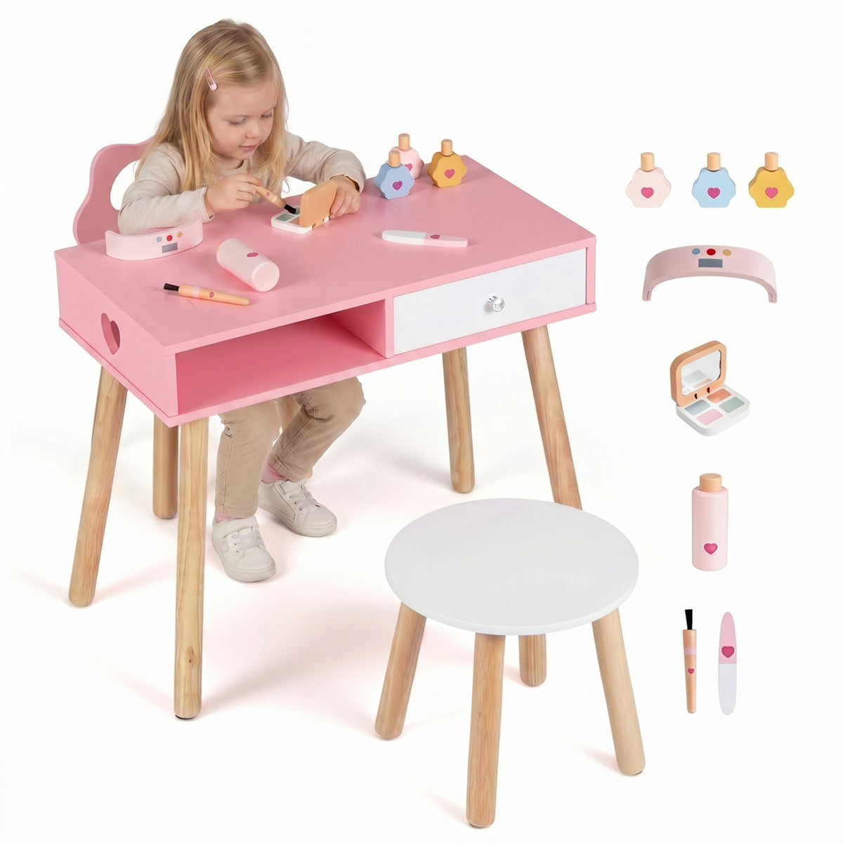 Kids Pretend Nail Salon Playset with Chair and Stool Wooden Toddlers Makeup and Manicure Kit with Eye Shadow-Pink