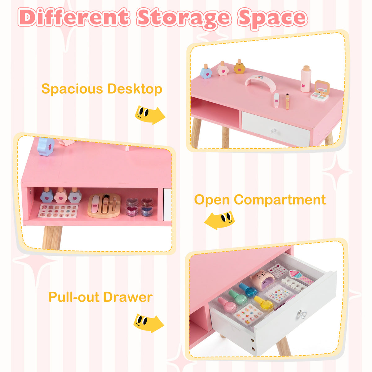 Kids Pretend Nail Salon Playset with Chair and Stool Wooden Toddlers Makeup and Manicure Kit with Eye Shadow-Pink