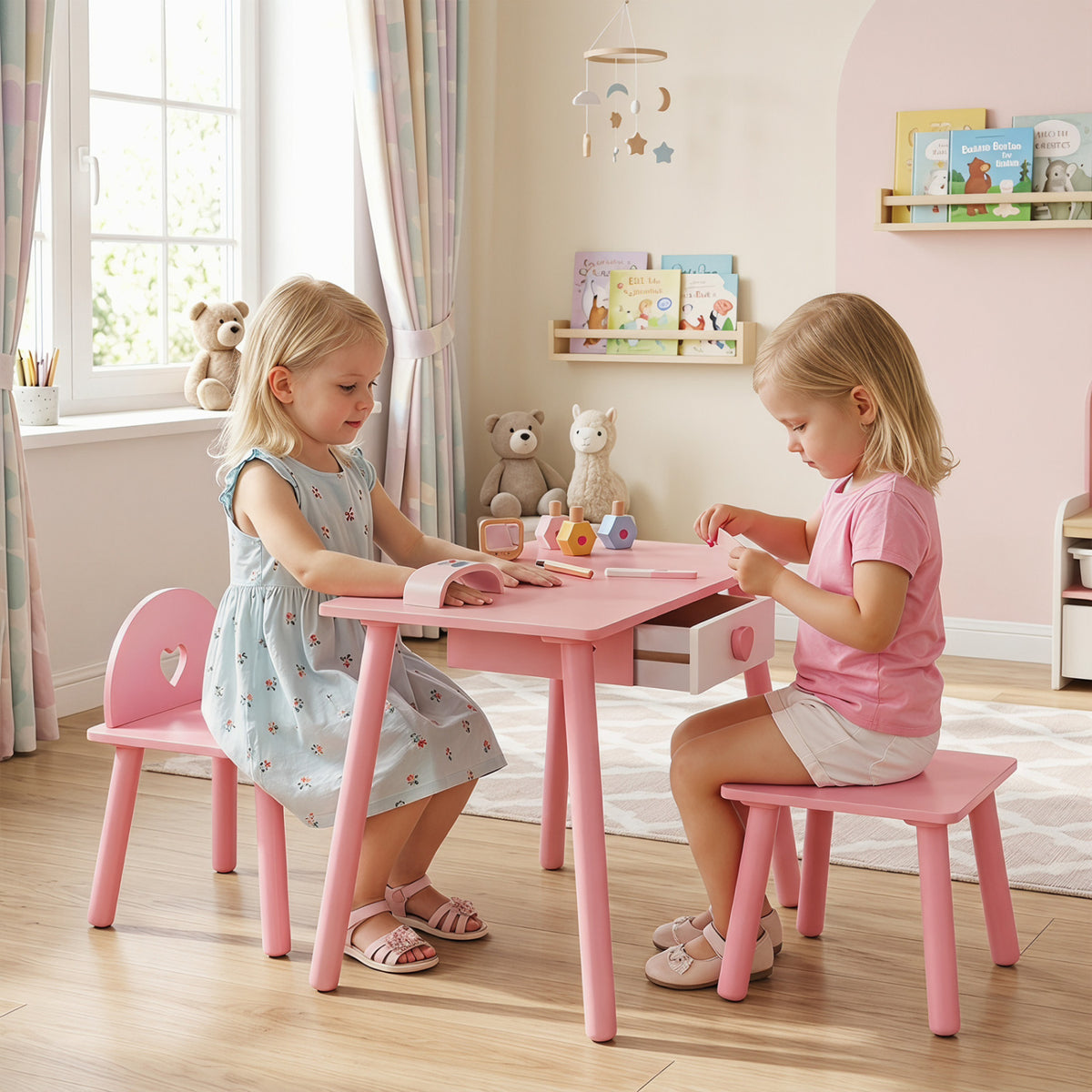Kids Pretend Nail Salon Playset with Wooden Toddlers Makeup - Pink