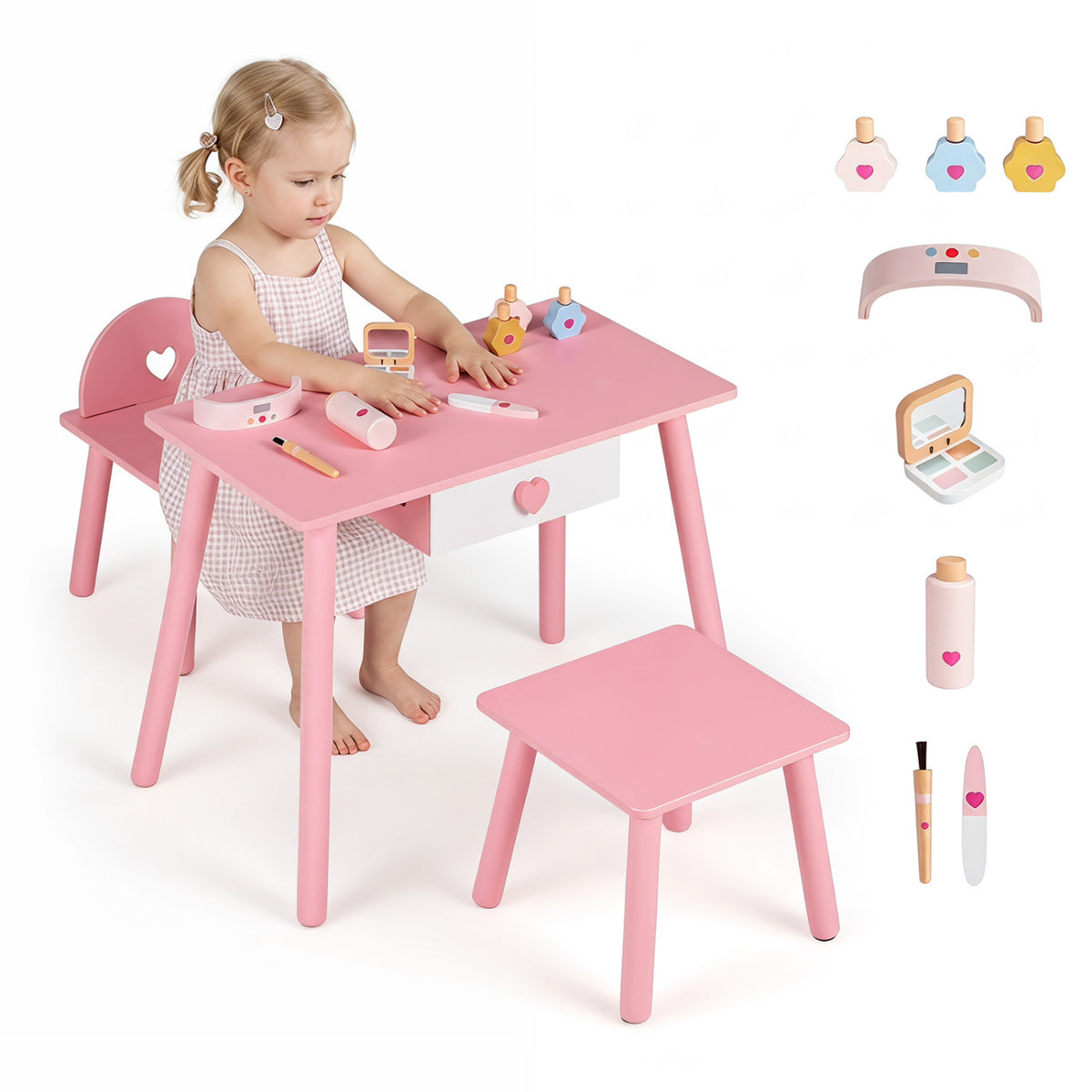 Kids Pretend Nail Salon Playset with Wooden Toddlers Makeup - Pink