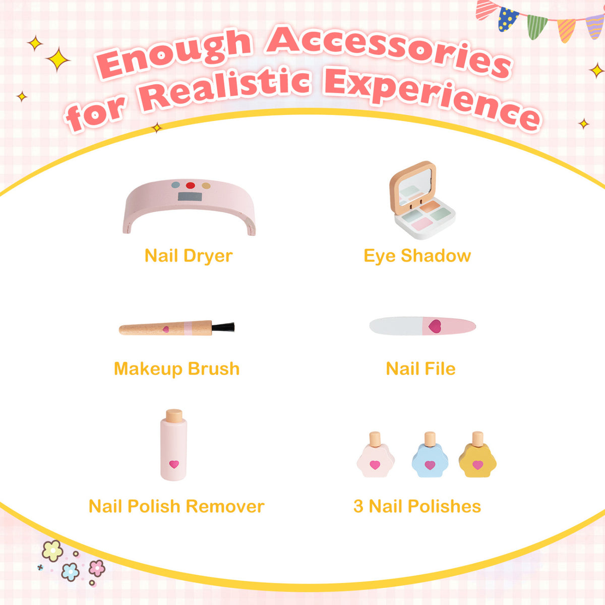 Kids Pretend Nail Salon Playset with Wooden Toddlers Makeup - Pink
