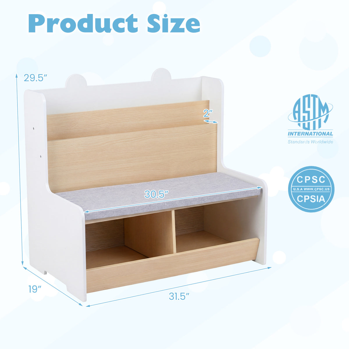 Kids Reading Nook with Bench Bookshelf and 2 Cubbies-White