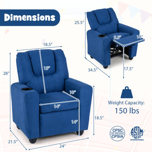 Kids Recliner Chair Push Back Toddler Reclining Armchair with Cup Holder-Blue