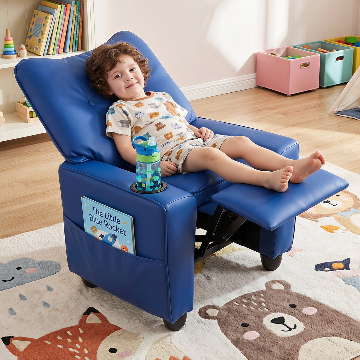 Kids Recliner with Cup Holder Armrests and Adjustable Backrest for Playroom-Blue