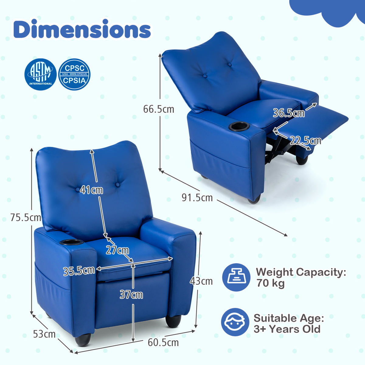 Kids Recliner with Cup Holder Armrests and Adjustable Backrest for Playroom-Blue