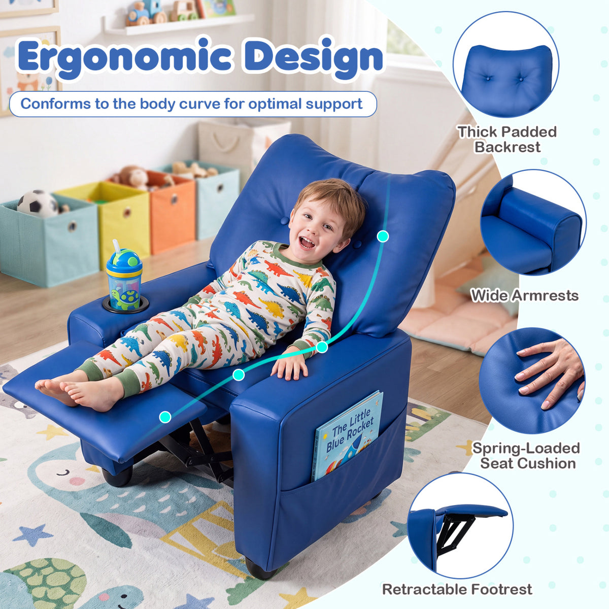 Kids Recliner with Cup Holder Armrests and Adjustable Backrest for Playroom-Blue