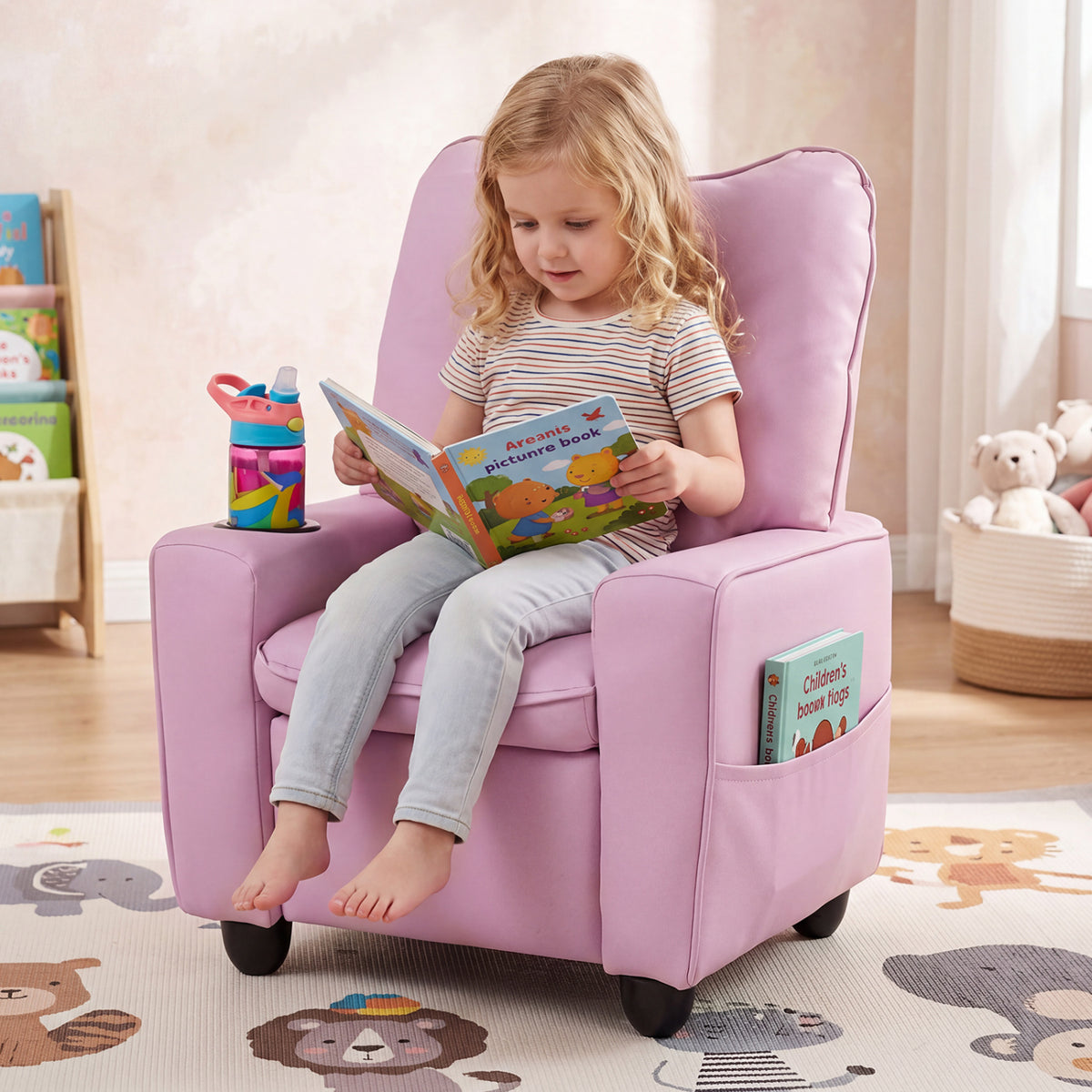 Kids Recliner with Cup Holder Armrests and Adjustable Backrest for Playroom-Pink