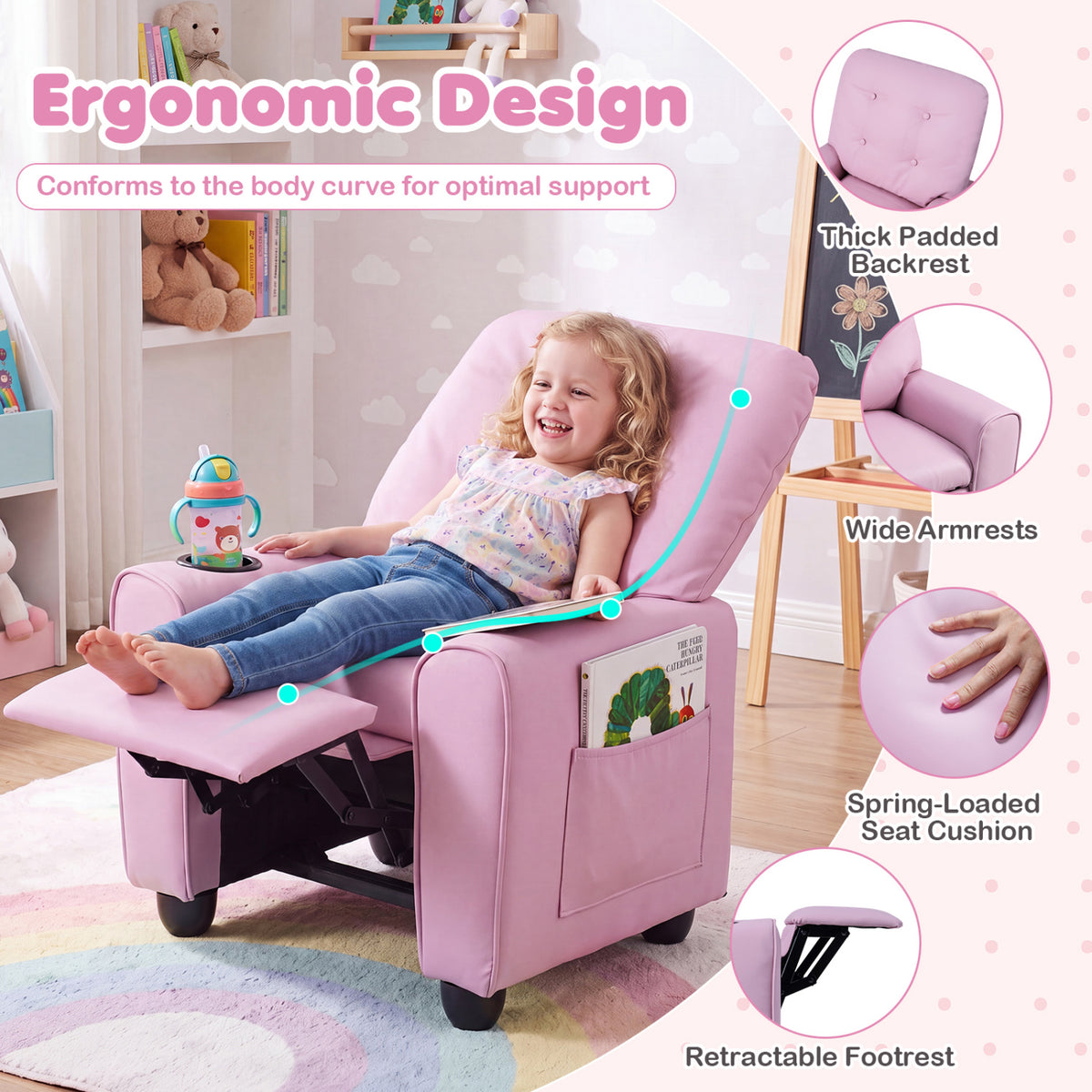 Kids Recliner with Cup Holder & Armrests and Adjustable Backrest Footrest-Pink