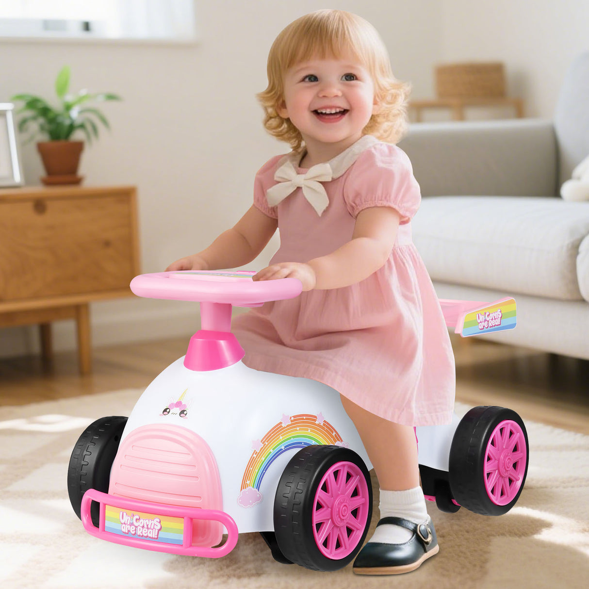 Kids Ride On Car Sliding Toy with Music and Under-Seat Storage-Pink