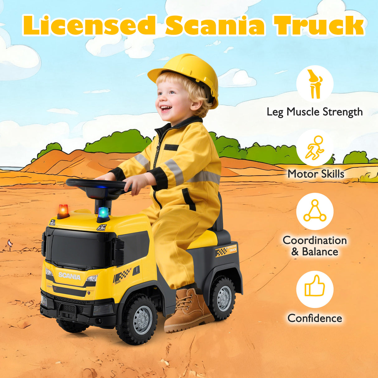 Kids Ride On Push Car Licensed SCANIA Truck Toy with Steering Wheel and Music-Yellow