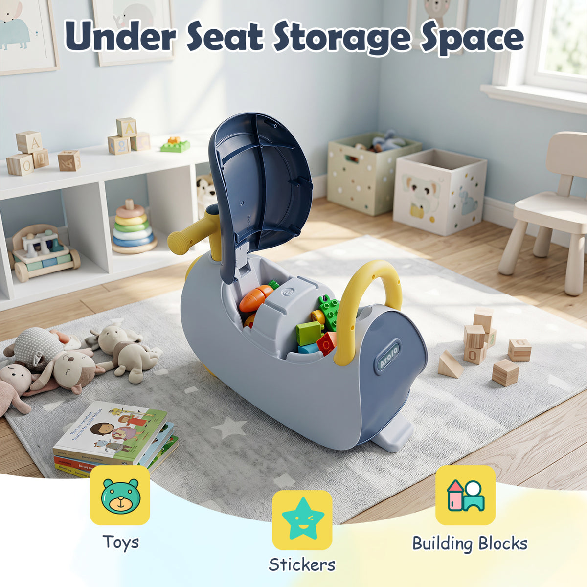 Kids Ride On Push Car with Headlight Music & Under Seat Storage for 18-36 Months-Blue