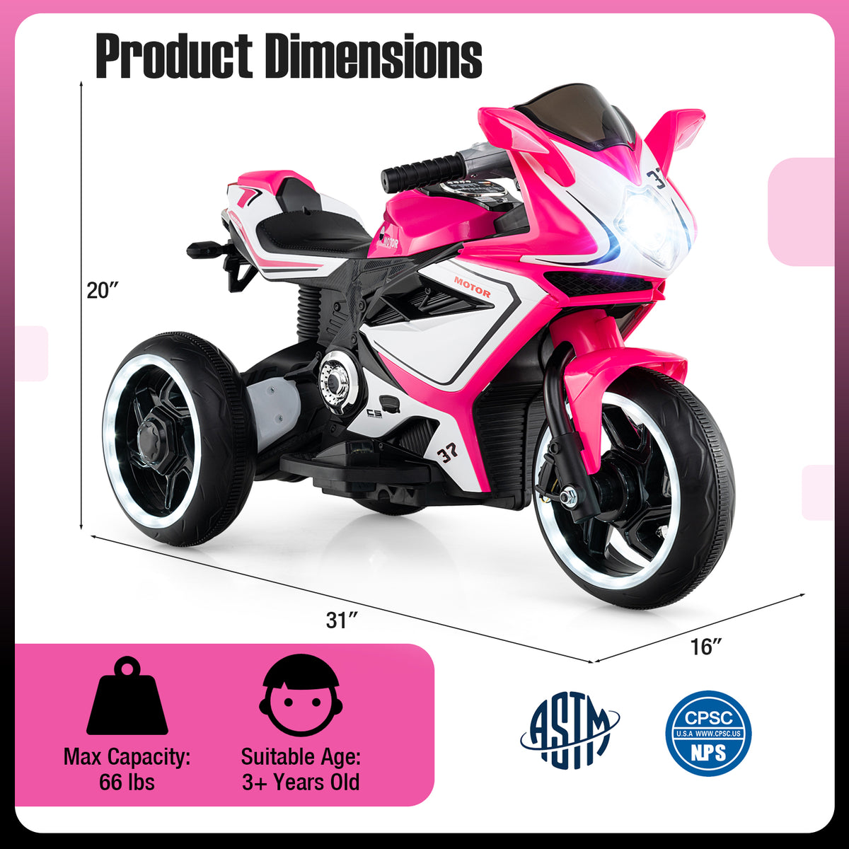 Kids Ride on Motorcycle 6V Battery Powered Mini Electric Motorbike with LED Lights-Pink