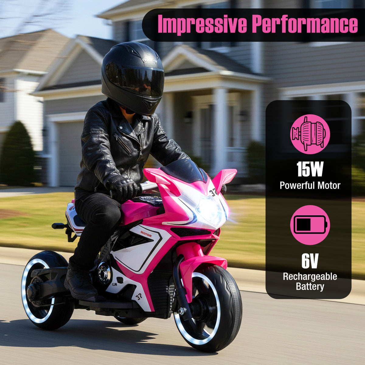 Kids Ride on Motorcycle 6V Battery Powered Mini Electric Motorbike with LED Lights-Pink