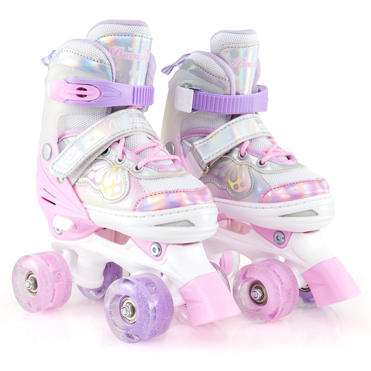 Kids Roller Skates 4 Sizes Adjustable Quad Skates with Light-up Wheels and Safety Protection-Pink