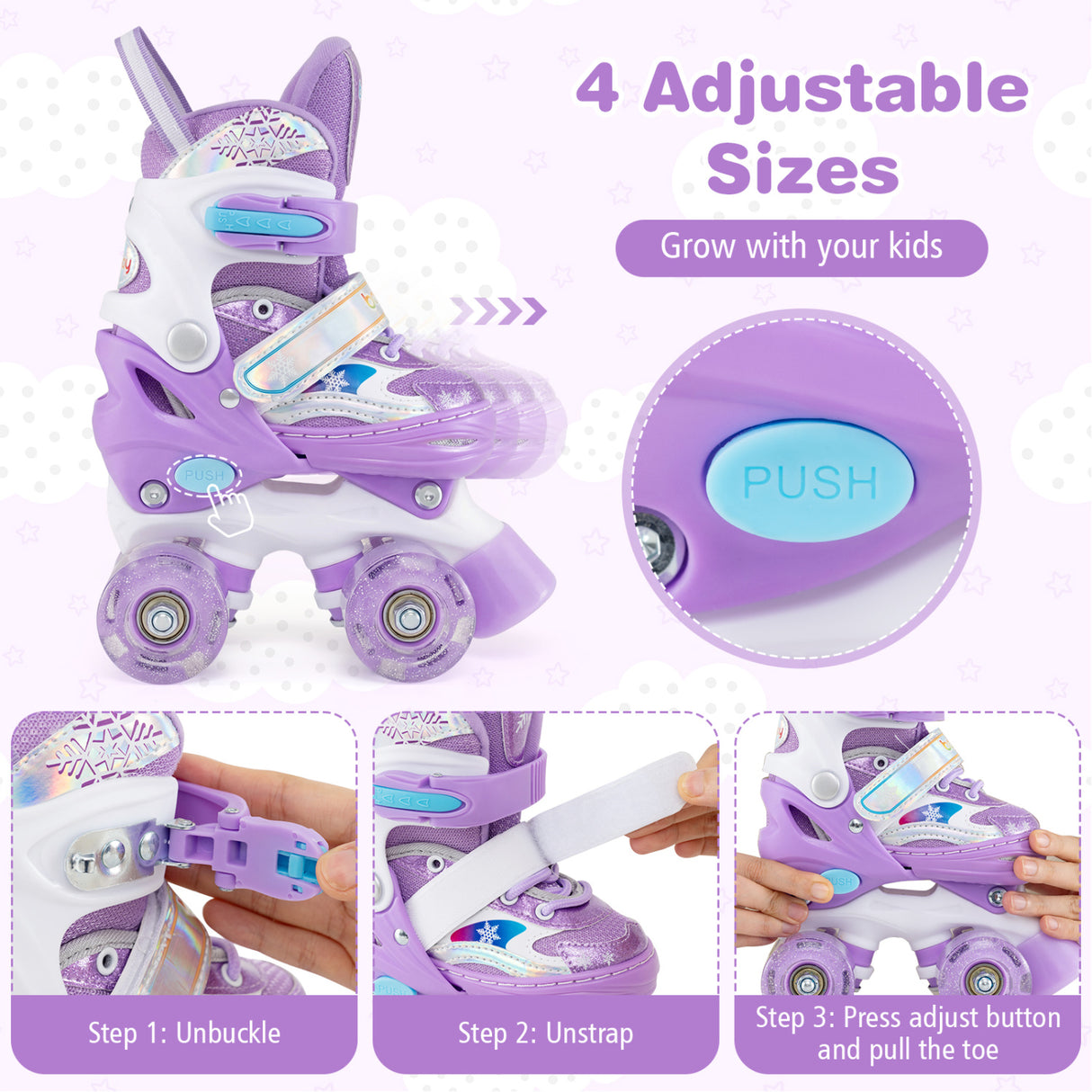 Kids Roller Skates 4 Sizes Adjustable with Light-up Wheels for Toddler Aged 3-4 (XS)-Purple
