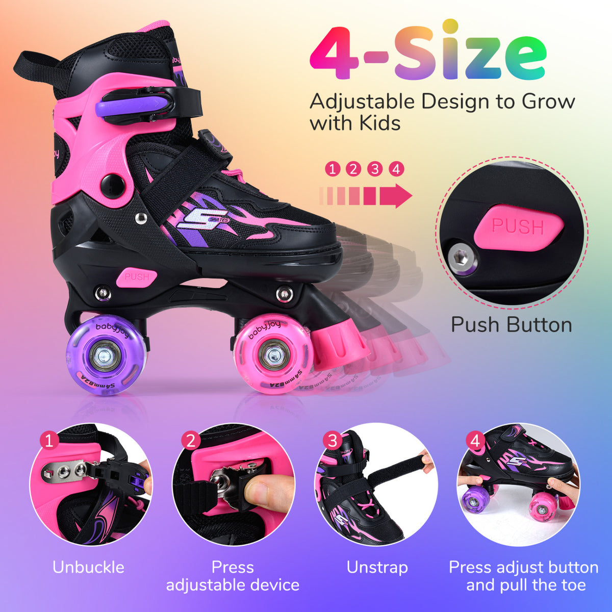 Kids Roller Skates for Girls Boys 4 Sizes Adjustable Quad Skates with Light-up Wheels-Pink