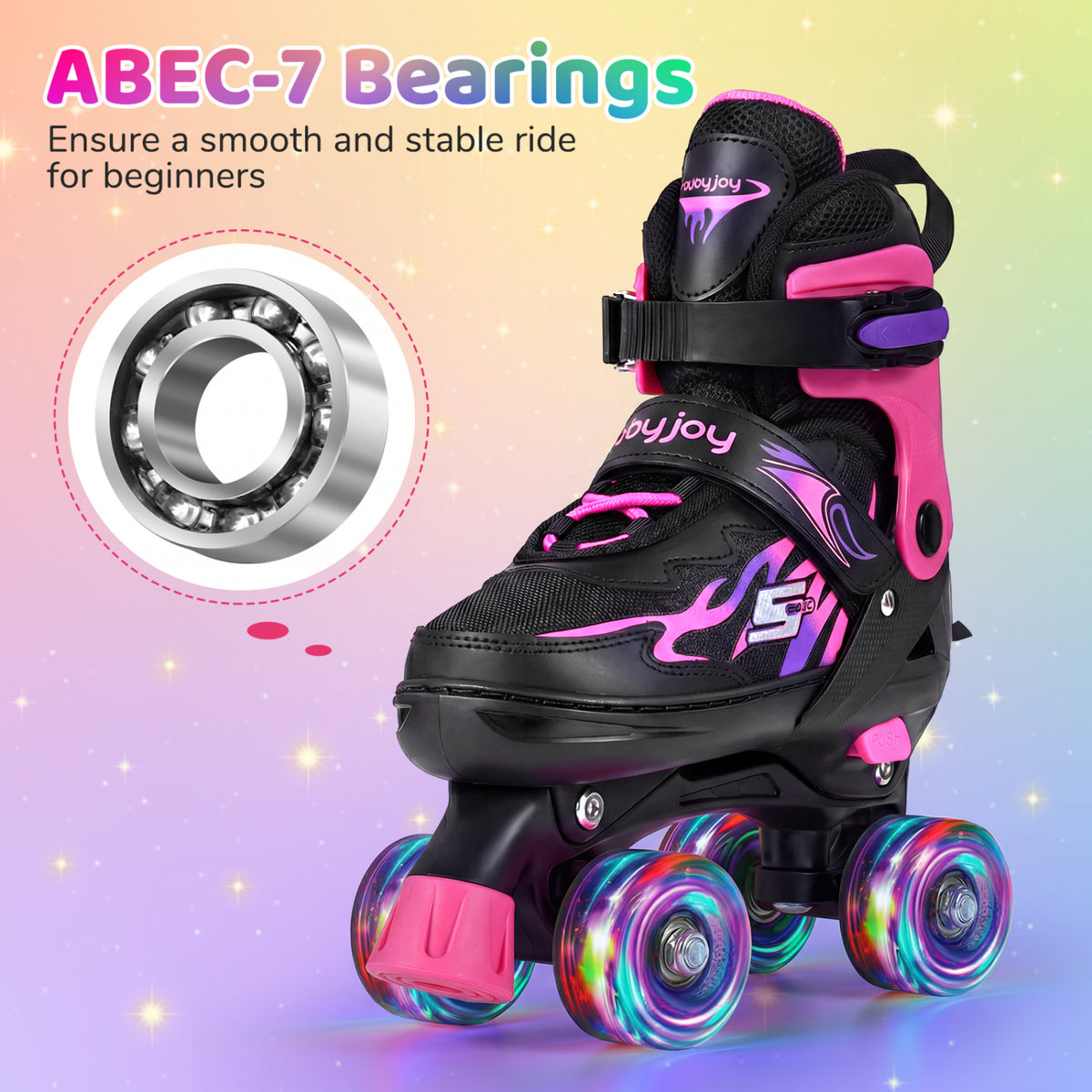 Kids Roller Skates for Girls Boys 4 Sizes Adjustable Quad Skates with Light-up Wheels for Outdoor-Pink