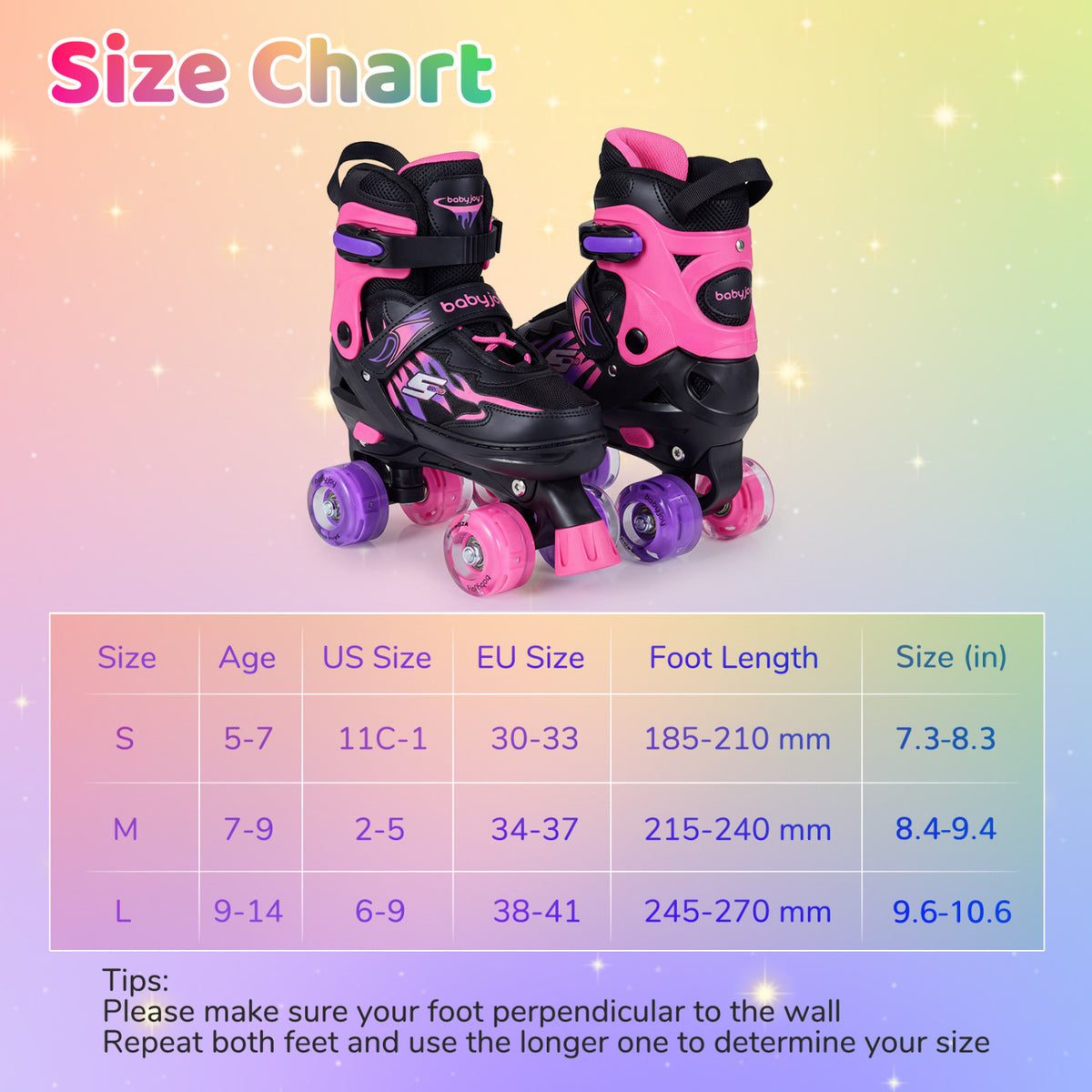 Kids Roller Skates for Girls Boys 4 Sizes Adjustable Quad Skates with Light-up Wheels for Outdoor-Pink