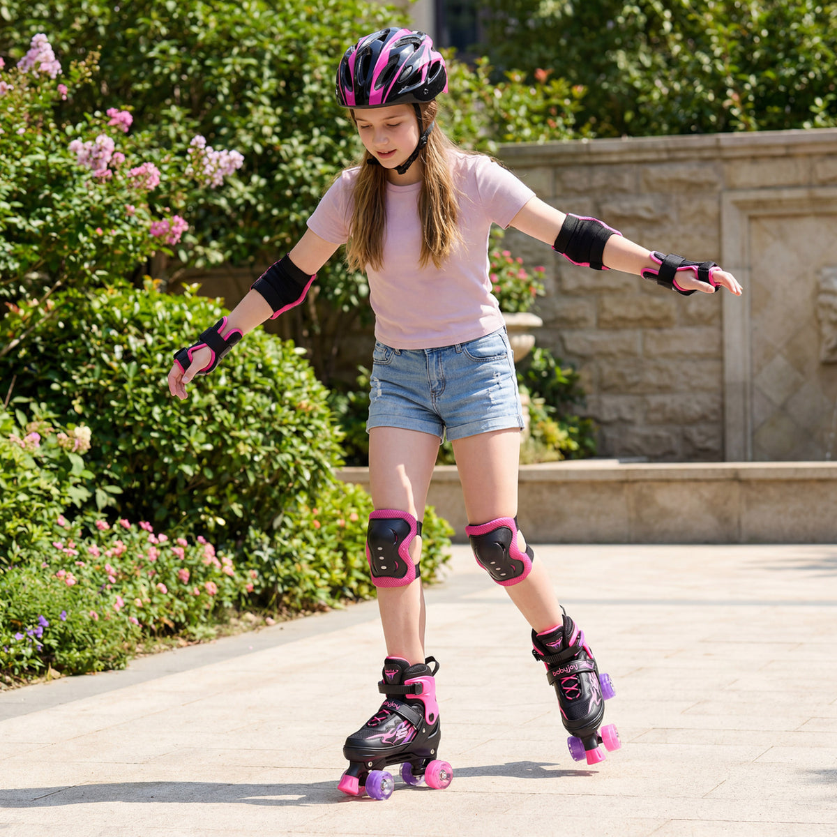 Kids Roller Skates for Girls Boys Teens 4 Sizes Adjustable Quad Skates with Light-up Wheels-Pink
