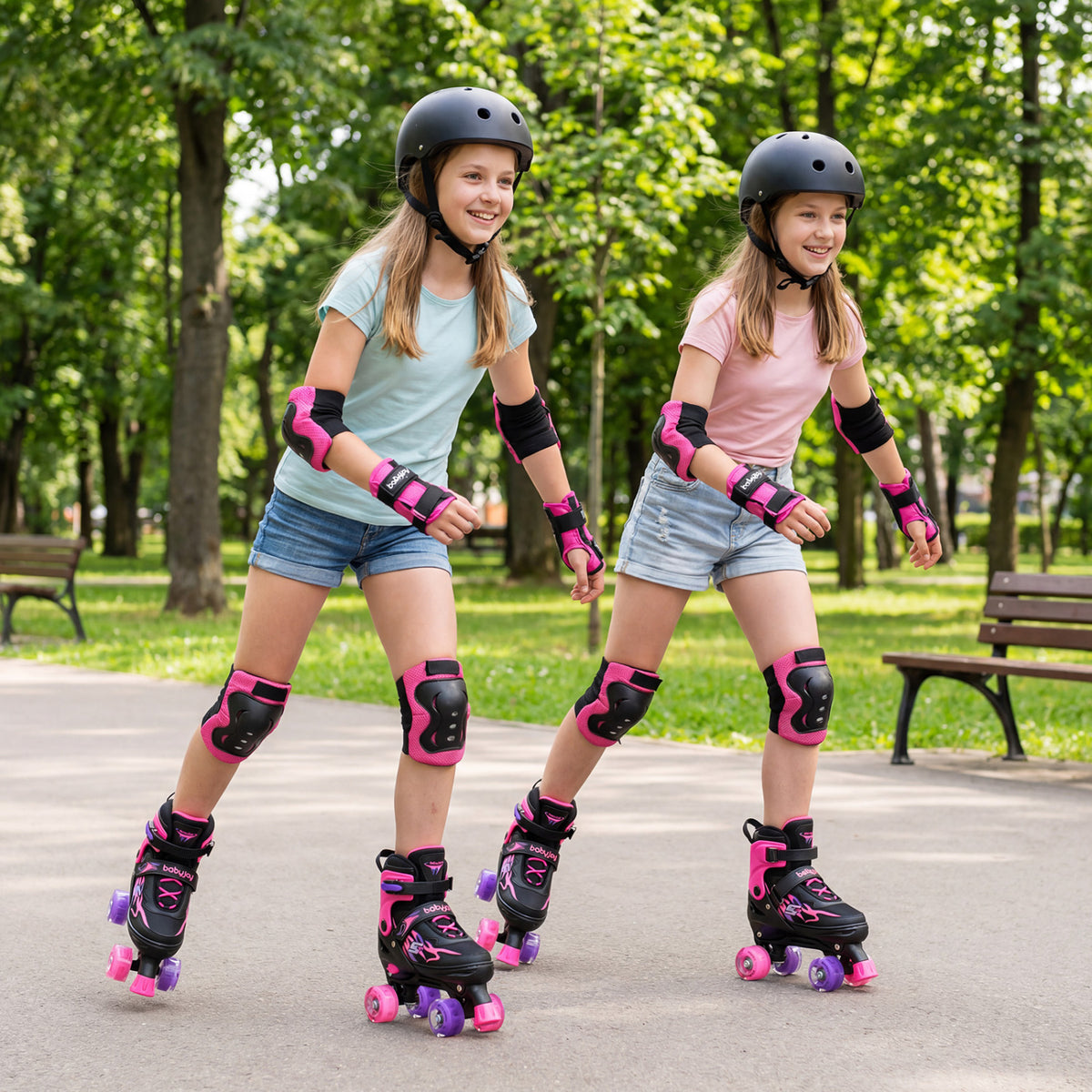 Kids Roller Skates for Girls Boys Teens 4 Sizes Adjustable Quad Skates with Light-up Wheels-Pink
