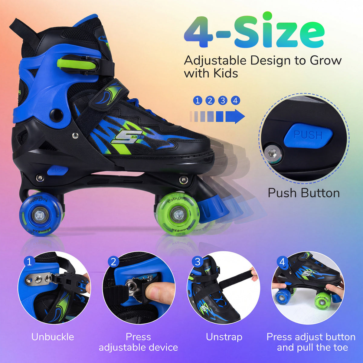 Kids Roller Skates for Girls Boys Teens 4 Sizes Adjustable Quad Skates with Light-up Wheels-Navy