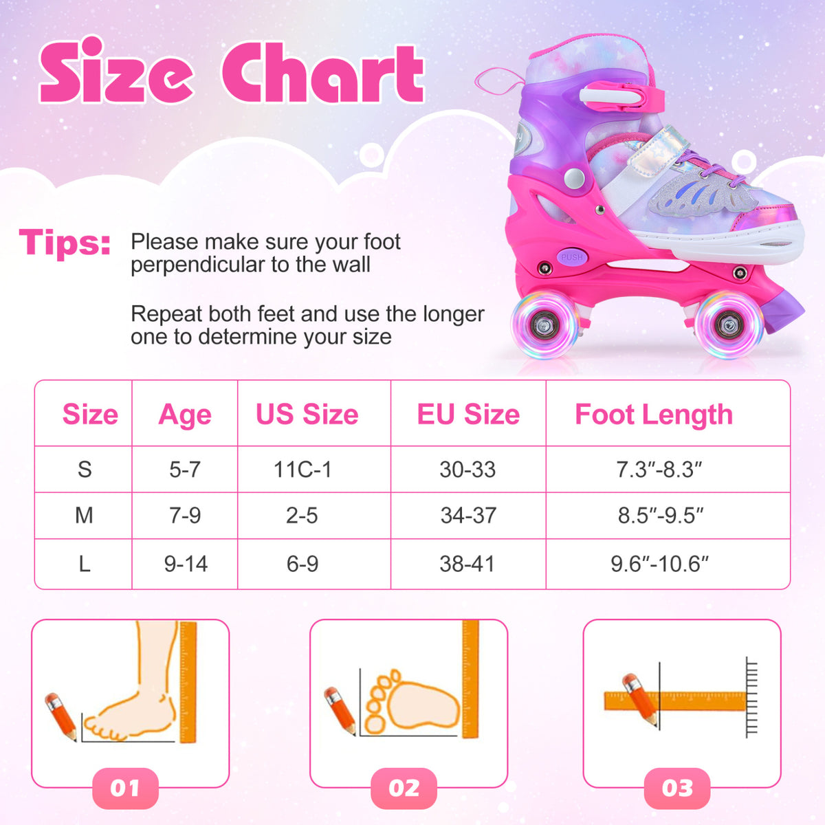 Kids Roller Skates for Toddlers Ages 7-9 with 4 Light up Wheels-Pink
