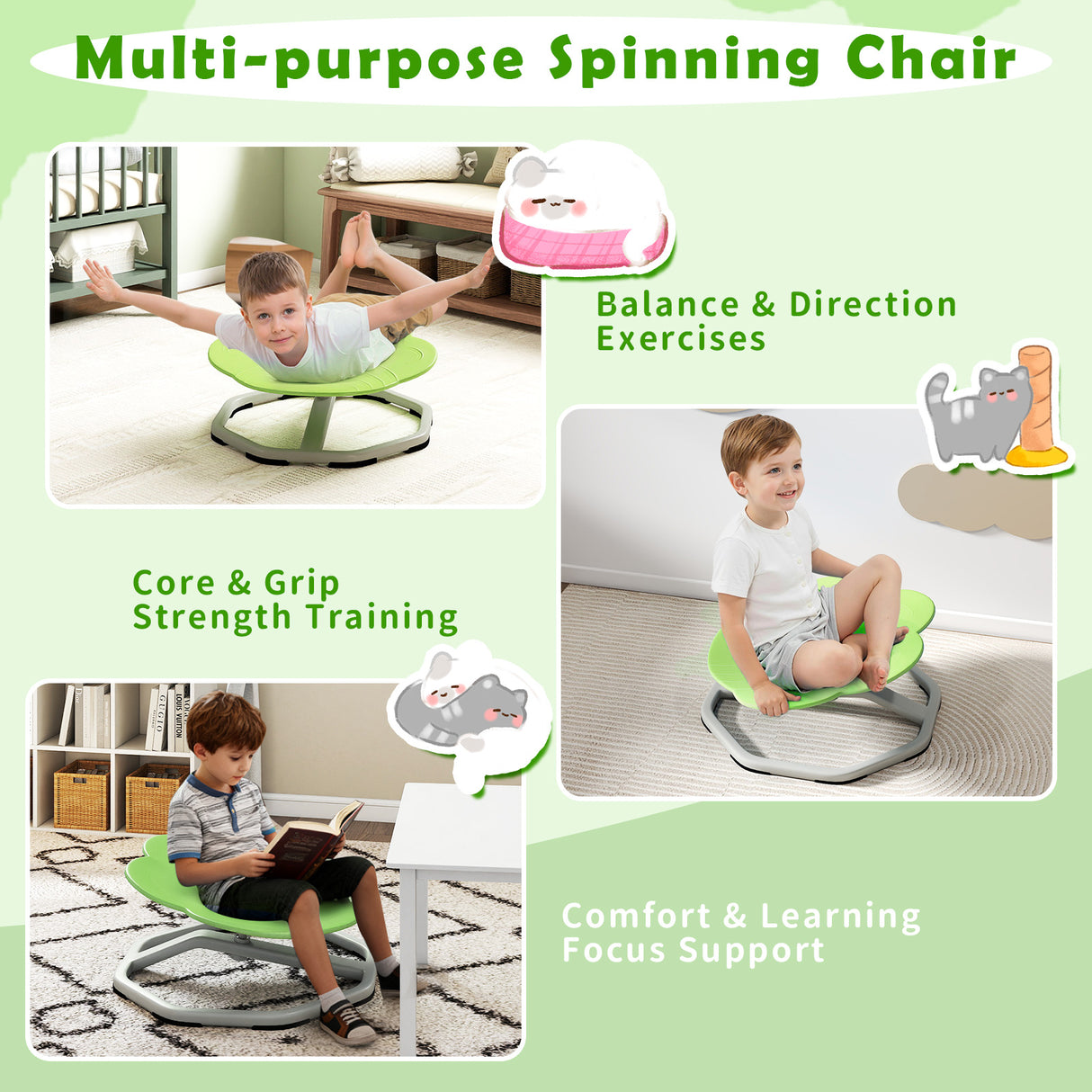 Kids Sensory Swivel Chair Cat Claw 360° Spinning Chair with Non-Slip Metal Base-Green