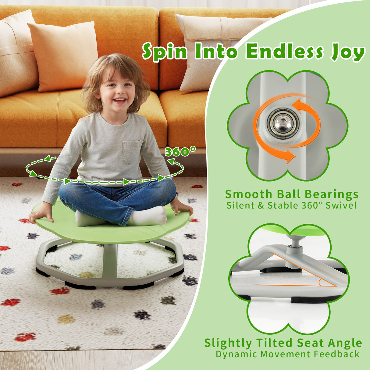 Kids Sensory Swivel Chair Cat Claw 360° Spinning Chair with Non-Slip Metal Base-Green