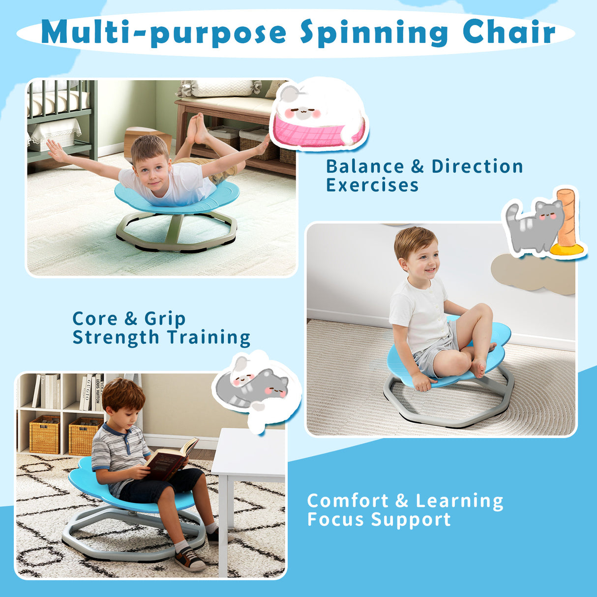 Kids Sensory Swivel Chair Cat Claw 360° Spinning Chair with Non-Slip Metal Base-Blue