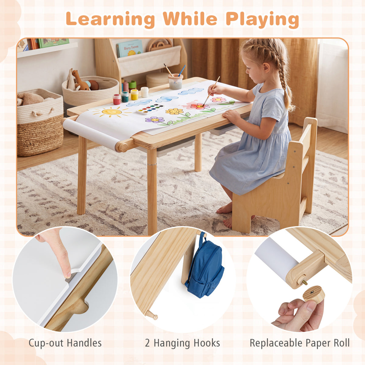 Kids Sensory Table Set with Adjustable Height and 2 Storage Bins-Natural