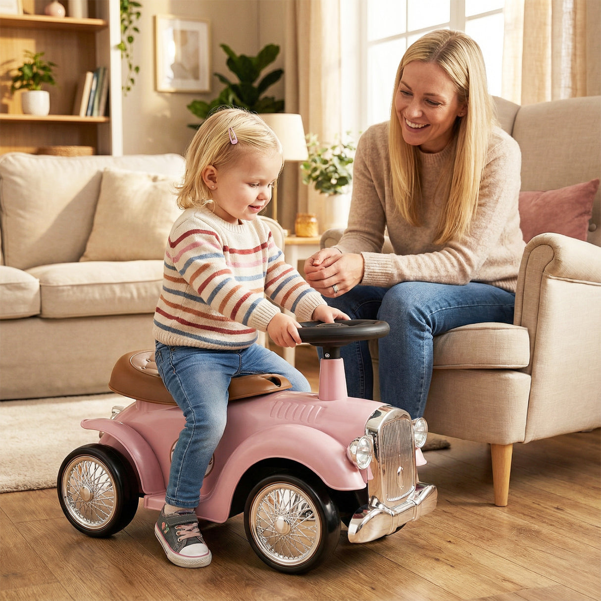 Kids Sit to Stand Vehicle with Working Steering Wheel and Under Seat Storage-Pink