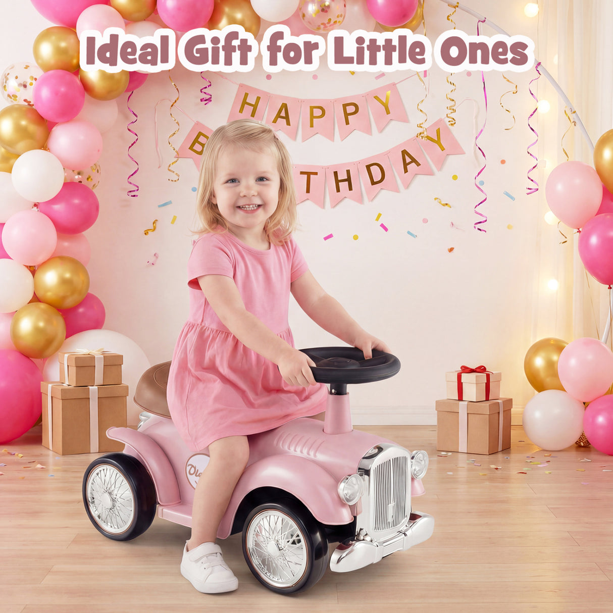 Kids Sit to Stand Vehicle with Working Steering Wheel and Under Seat Storage-Pink