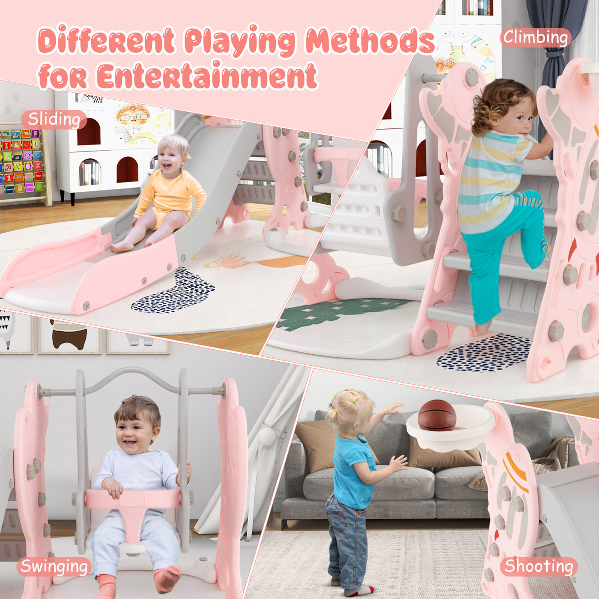 4-in-1 Kids Slide and Swing Set with Basketball Hoop-Pink